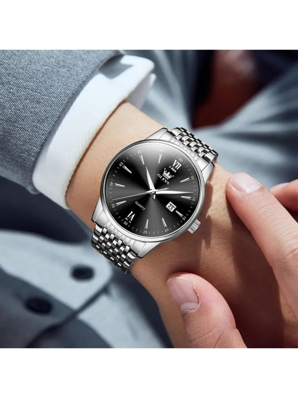 Men's Silver Black Big Dial Analog Quartz Stainless Relojes Waterproof Watch